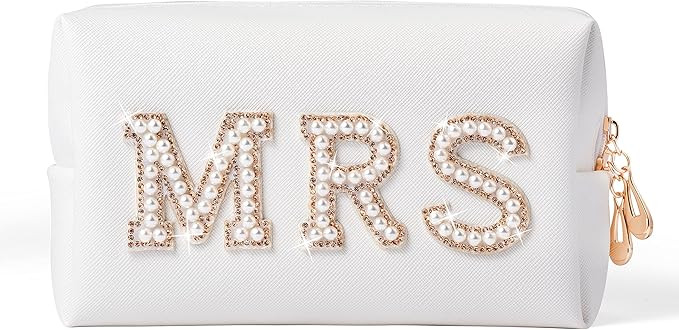 Y1tvei Gold MRS Letter Patch Cosmetic Toiletry Bag Pearl Rhinestone Varsity Letter Patches PU Lea... | Amazon (US)