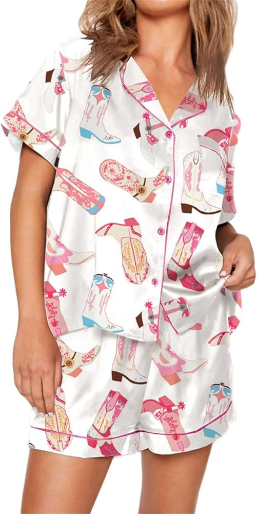 Women Cute Two Piece Pajama Set Y2K Bow Printed Satin Silky Short Sleeve Button Shirts Wide Leg S... | Amazon (US)