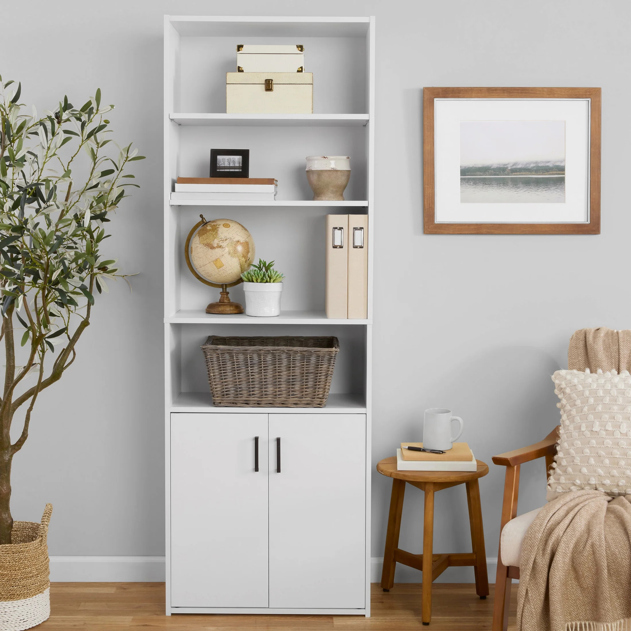Mainstays Traditional 5 Shelf Bookcase with Doors, Soft White Finish | Walmart (US)
