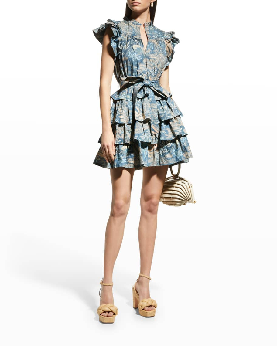 Lulua Frill-Sleeve Tiered-Ruffle Mini Dress | Neiman Marcus