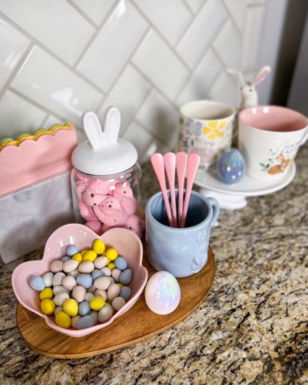 Coffee bar styling 
Easter coffee bar 
Spring coffee bar 

Coffee mugs 
Flower bowl 
Bunny cake stand 

Iridescent Easter eggs & bunny ear container are from the dollar spot.


#LTKSeasonal #LTKfindsunder50 #LTKhome