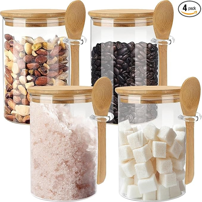 Glass Sugar Container with Spoon - 4 Pack 15oz Glass Jars with Bamboo Lid and Spoon, Bamboo Lid S... | Amazon (US)