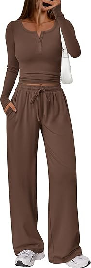Trendy Queen Women's 2 Piece Matching Lounge Sets Long Sleeve Henley Neck Slightly Crop Top Wide ... | Amazon (US)