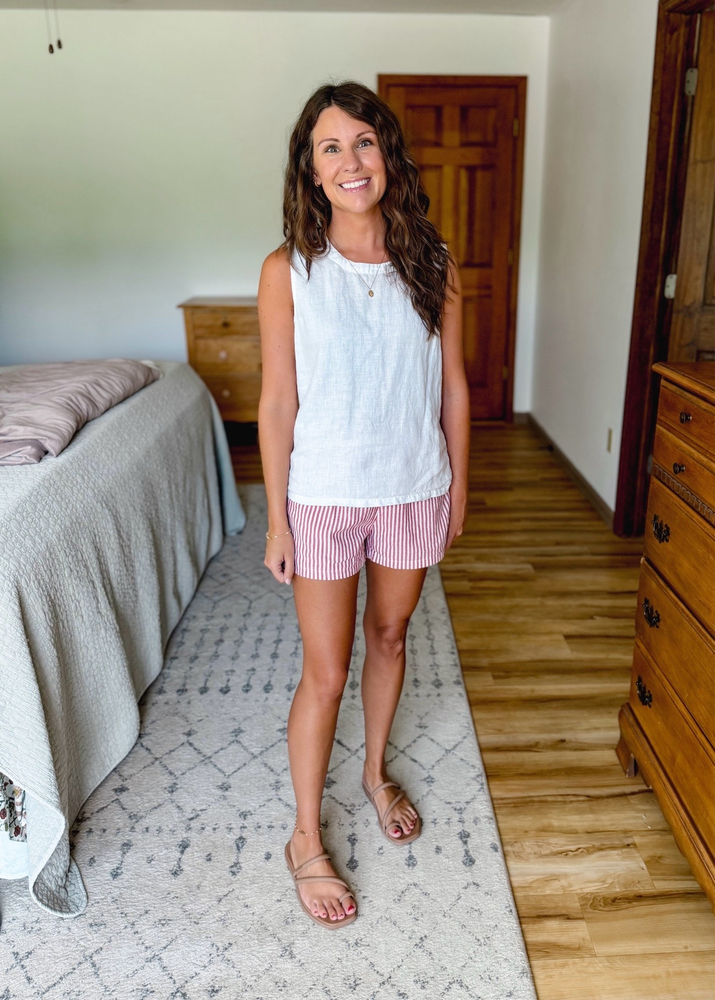 xs in my linen tank and small in my striped boxer shorts. My sandals are size 6.

#LTKPetite #LTKSeasonal #LTKootd