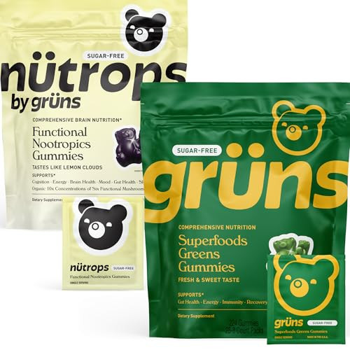 Gruns Superfood Green + New Nütrops Gummy Bear Sugar-Free Bundle, Nutritional Supplement 2-Pack, multivitamin + prebiotics + Greens + Nootropic Mushroom Herbal Supplement to Support Mood and Focus | Amazon (US)