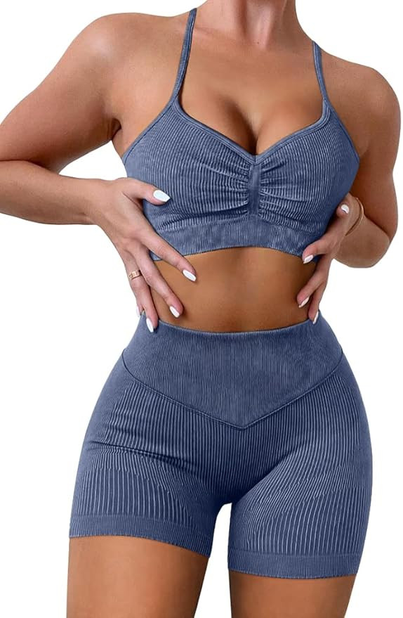OYS Workout Sets for Women Ribbed Seamless 2 Piece High Waist Yoga Running Shorts Gym Sports Bra ... | Amazon (US)