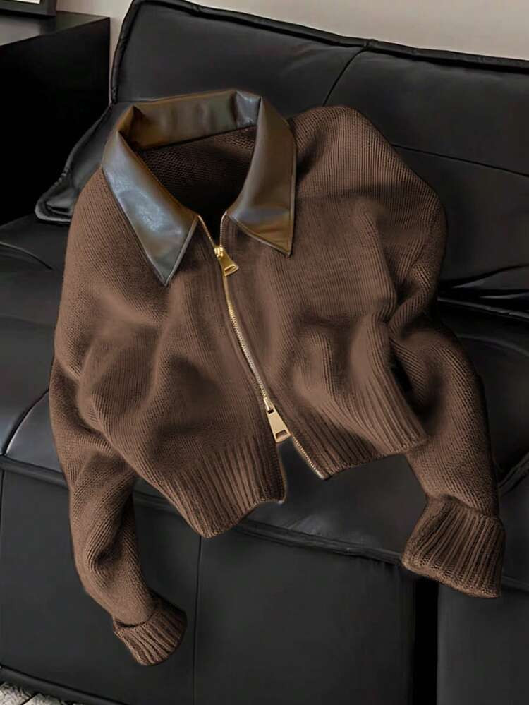 Vera Lane Women's Fall Winter Korean Style Old Money PU Collar Style Street Wear Boho Punk Two-Way Zipper Woolen Jacket Christmas Sweater | SHEIN