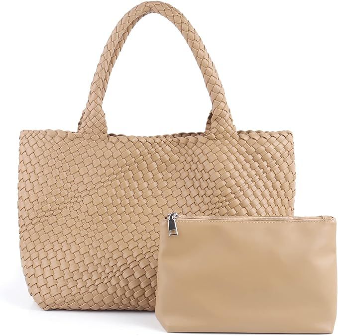 LMKIDS Woven Bag for Women, Vegan Leather Tote Bag Large Summer Beach Travel Handbag and Purse Re... | Amazon (US)