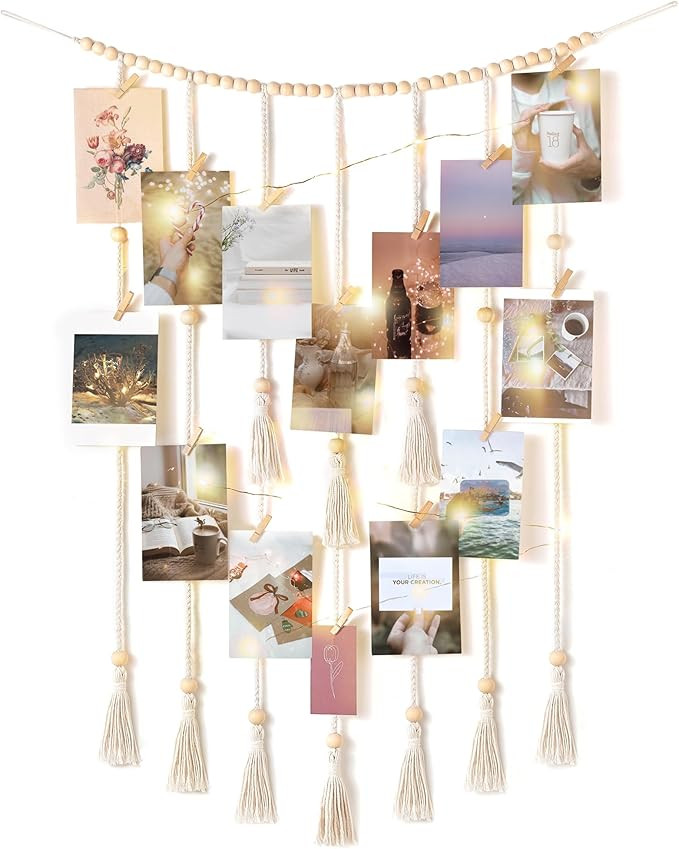 Mkono Macrame Hanging Photo Display Wall Decor with String Lights Boho Room Bedroom Wooden Beads ... | Amazon (US)