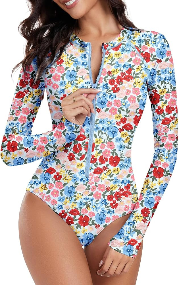 UPF 50+ Sun Protection, Long Sleeve, Modest Coverage, Rash Guard, Zip Front, Removable Padded Bra... | Amazon (US)