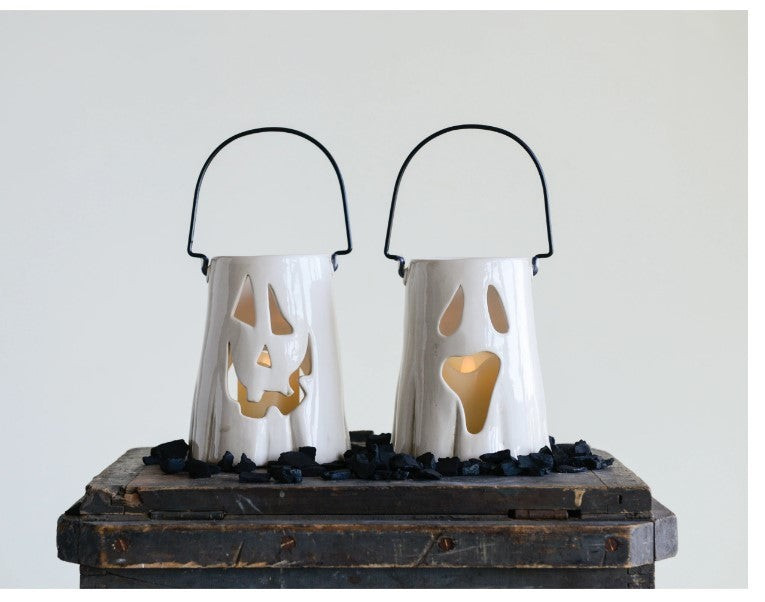 Ceramic Ghost Lantern with Metal Handle, 2 Styles | The Nested Fig