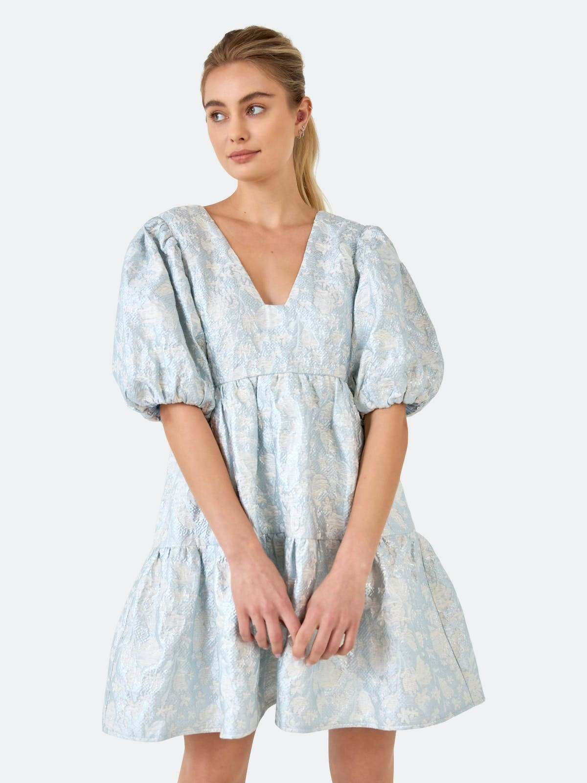 Jacquard Puff Sleeve High Low Dress | Verishop