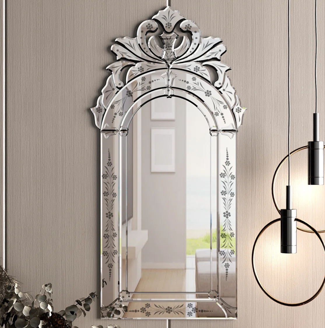 Gisella Beveled Frameless Wall Mirror with Floral Etched Decorative Accent Mirror Window Shaped f... | Wayfair North America