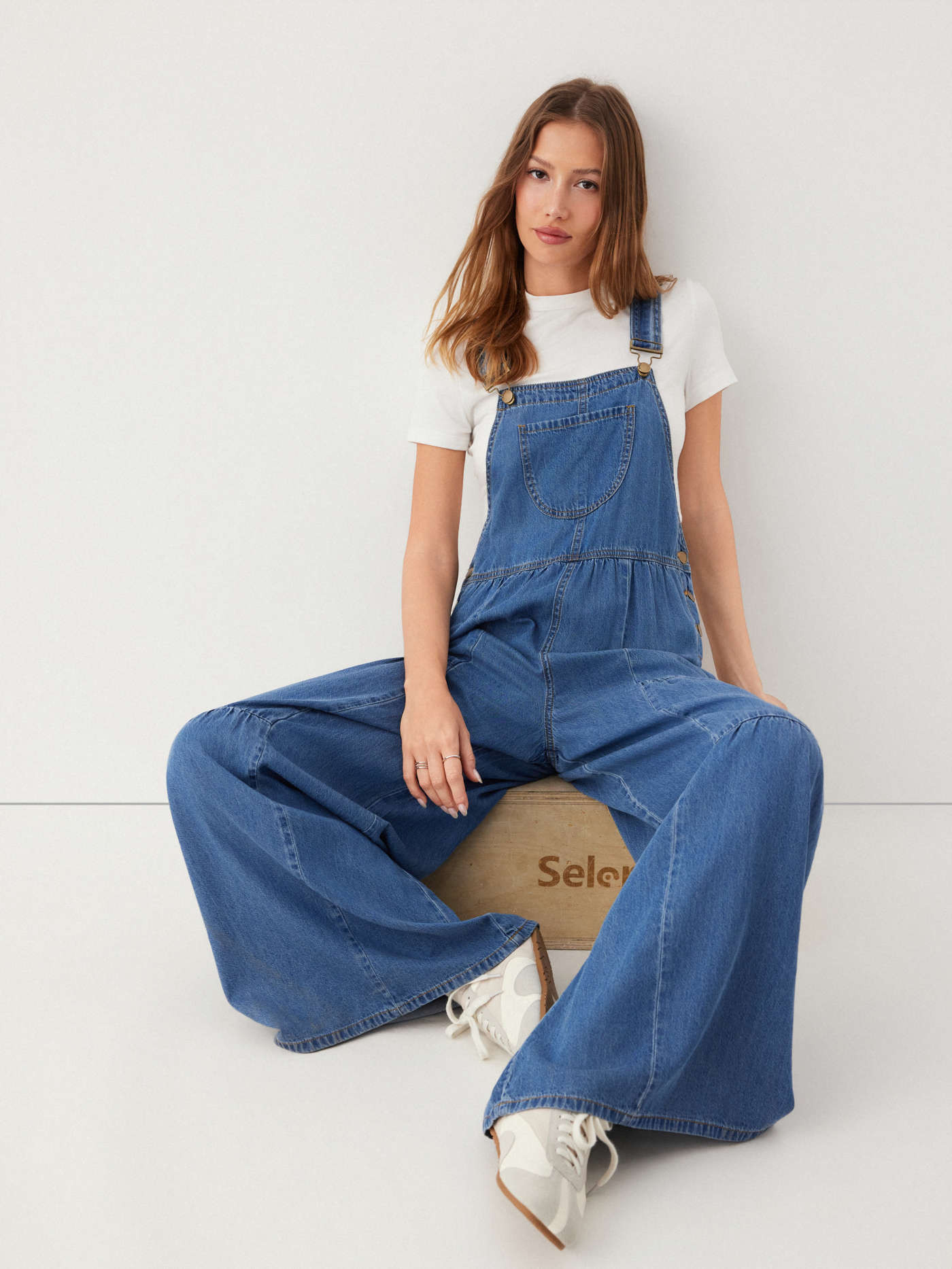 Washed Denim Wide Leg Overalls With Metal Detail | Cider