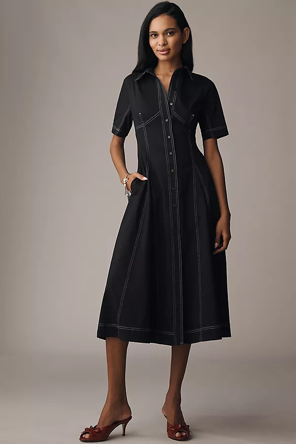 Short-Sleeve Seamed Pleated Midi Dress | Anthropologie (US)