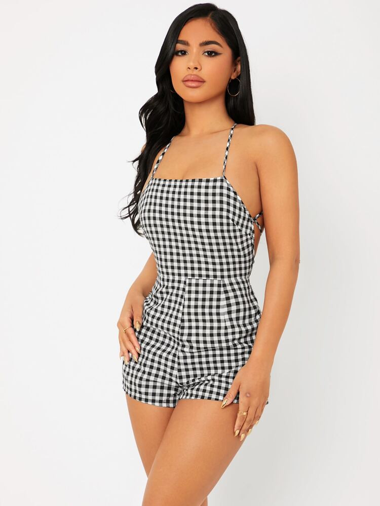SHEIN PETITE Gingham Print Lace Up Backless Slip Romper | SHEIN