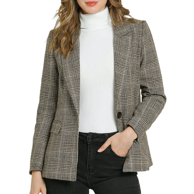 Allegra K Women's Notched Lapel One Button Hip Length Houndstooth Blazer | Walmart (US)