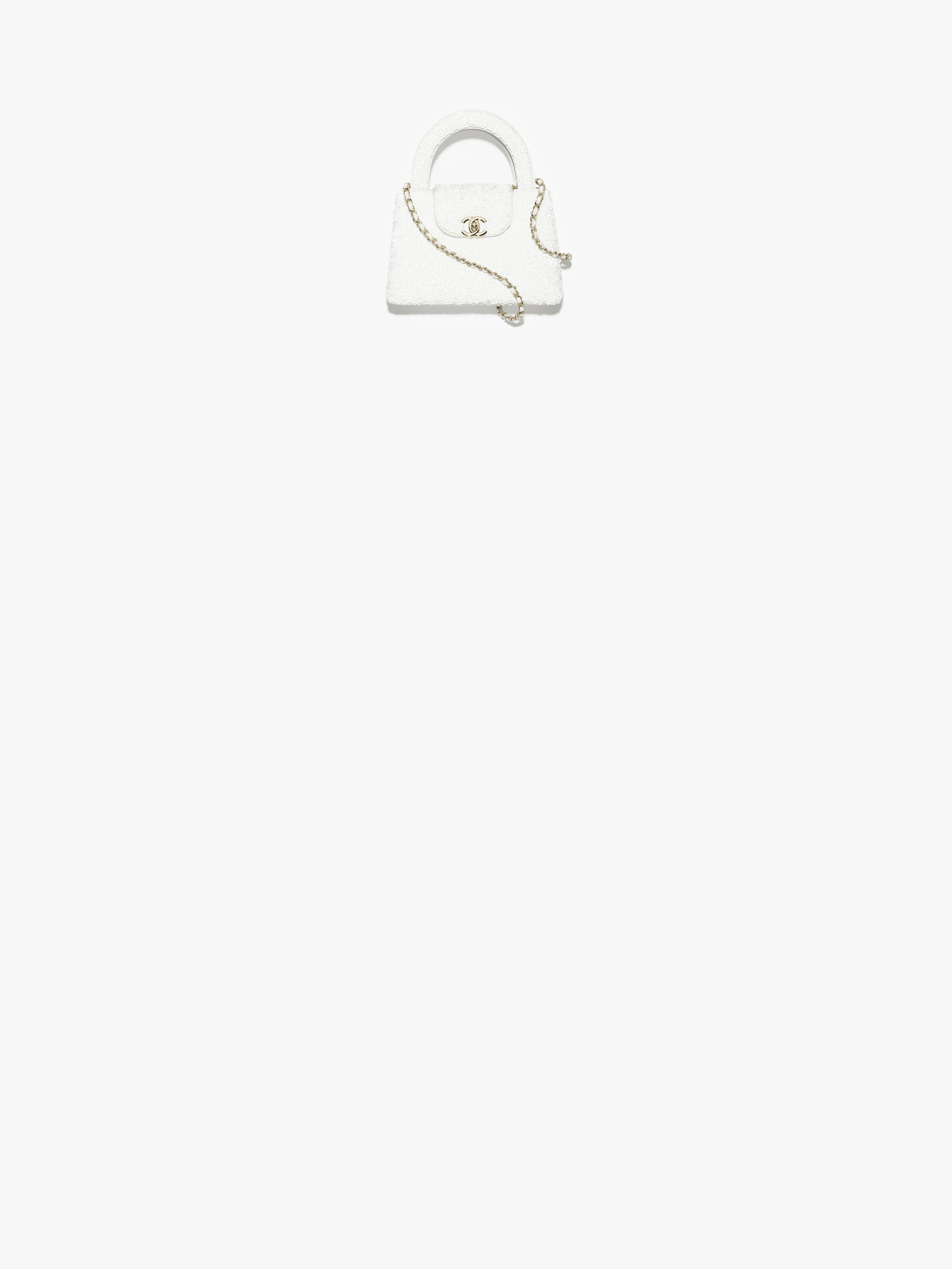 Mini shopping bag, Sequins & gold-tone metal, white — Fashion | CHANEL | Chanel, Inc. (US)