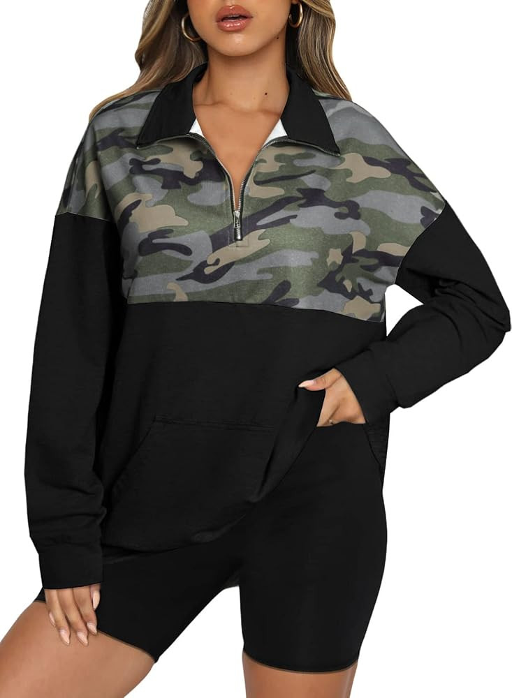 Aleumdr Women Casual Long Sleeve 1/4 Zipper Color Block Sweatshirts Stand Collar Pullover Tunic T... | Amazon (US)