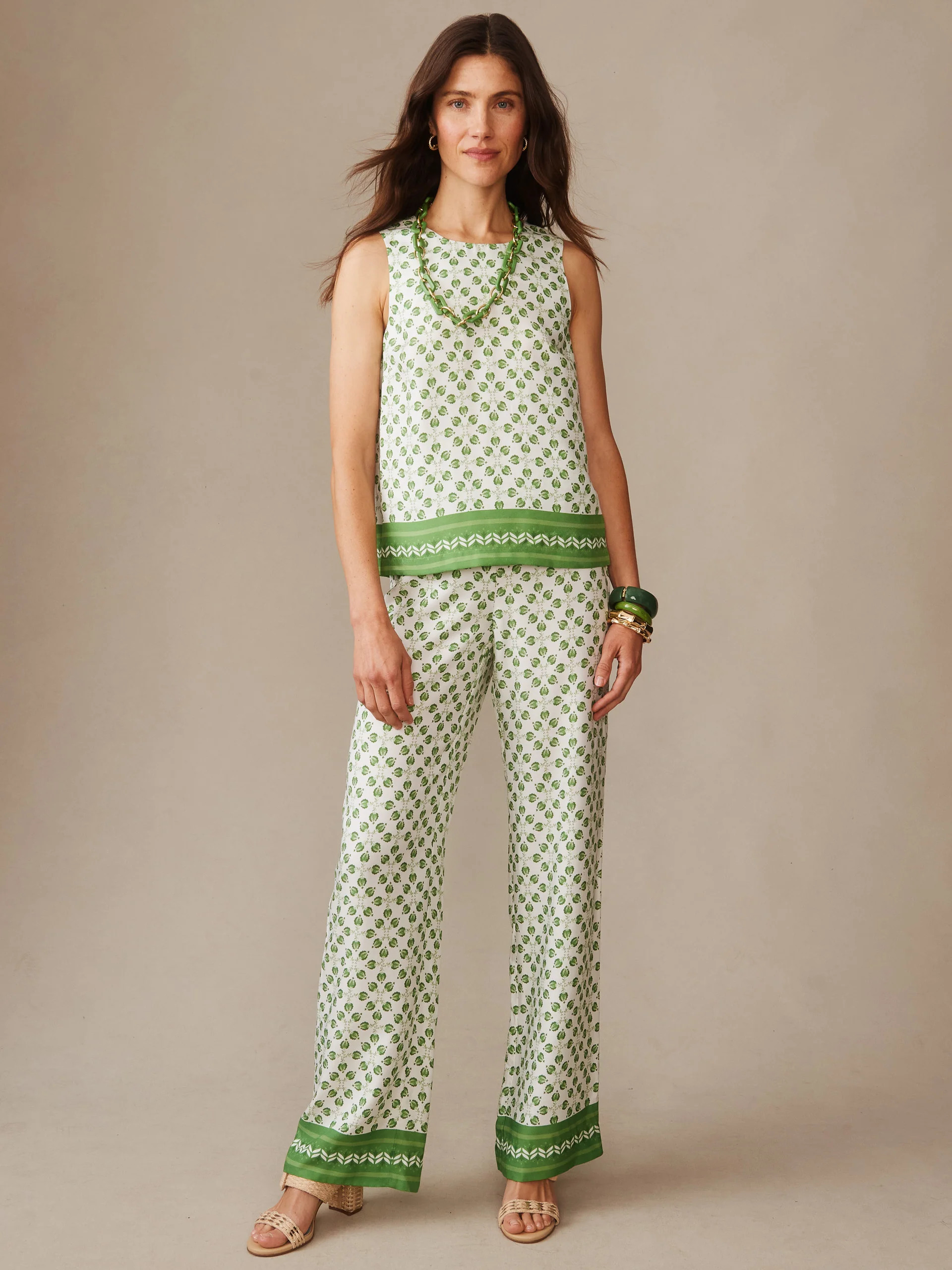 White/Green Mythic Geo Border Carter Silk Blend Pants | Women's Pants | J.McLaughlin | J.McLaughlin