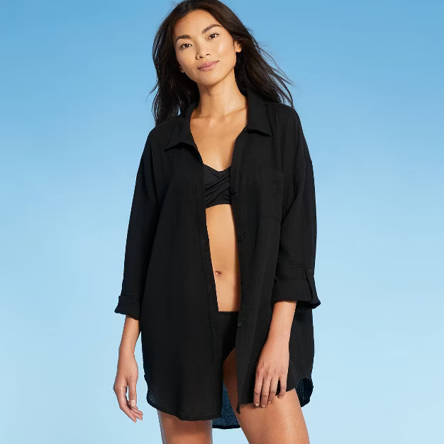 Women's Button-Up Cover Up Shirtdress - Kona Sol™ Black L | Target