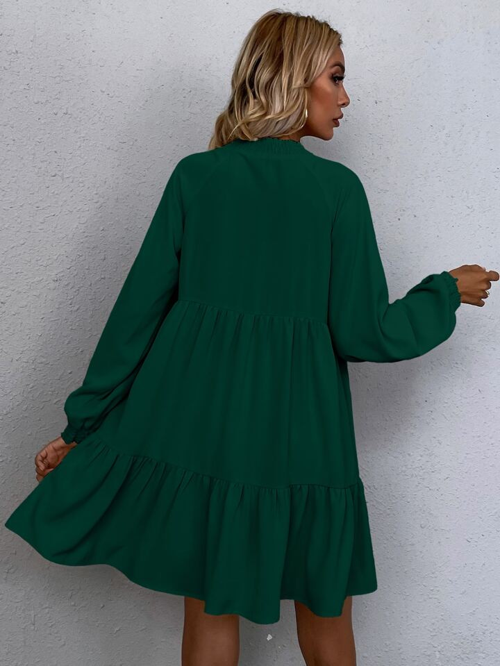 SHEIN LUNE Tie Neck Lantern Sleeve Smock Dress | SHEIN