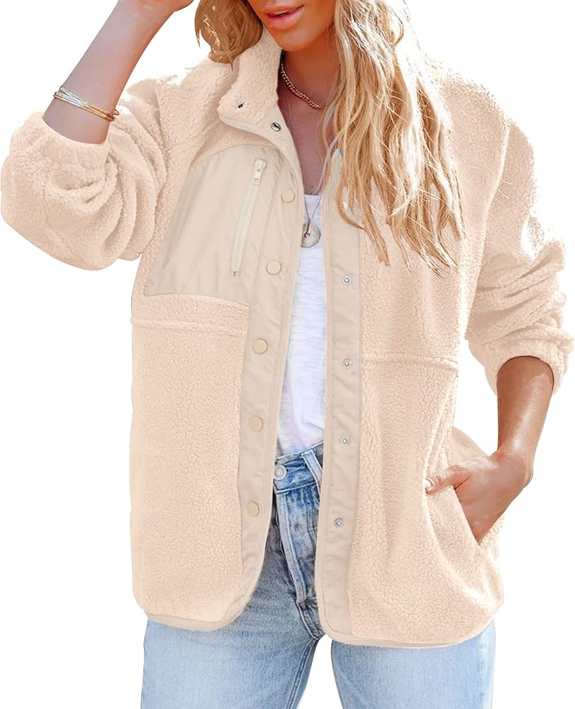 ZESICA Women's Fall Winter Sherpa Fleece Jacket Casual Long Sleeve Button Down Fuzzy Shacket Oute... | Amazon (US)