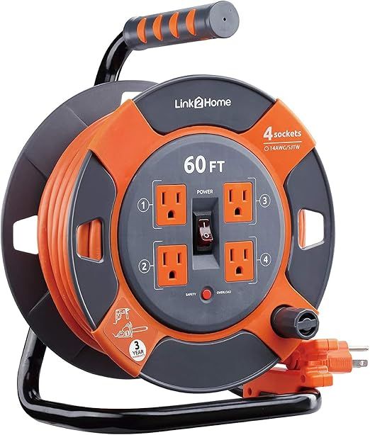 Link2Home Cord Reel 60 ft. Extension Cord 4 Power Outlets – 14 AWG SJTW Cable. Heavy Duty High ... | Amazon (US)