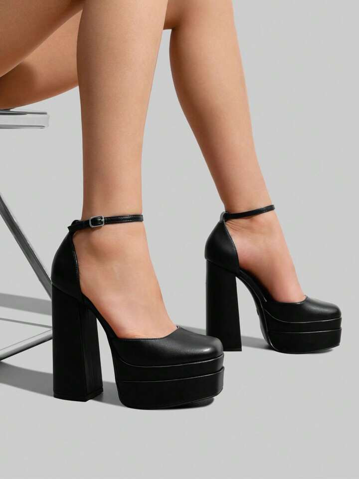 Women Platform High Chunky Block Heels Pumps Square Closed Toe Ankle Strap Solid Color Wedding Pa... | SHEIN