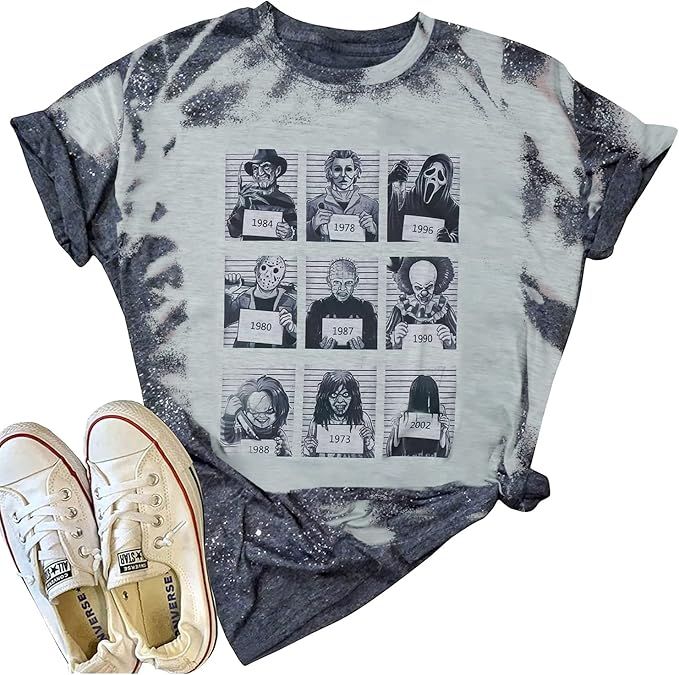 Horror Movie Mugshot Shirt Women Vintage Halloween Moive Character Graphic Tees Horror Fan Gift S... | Amazon (US)