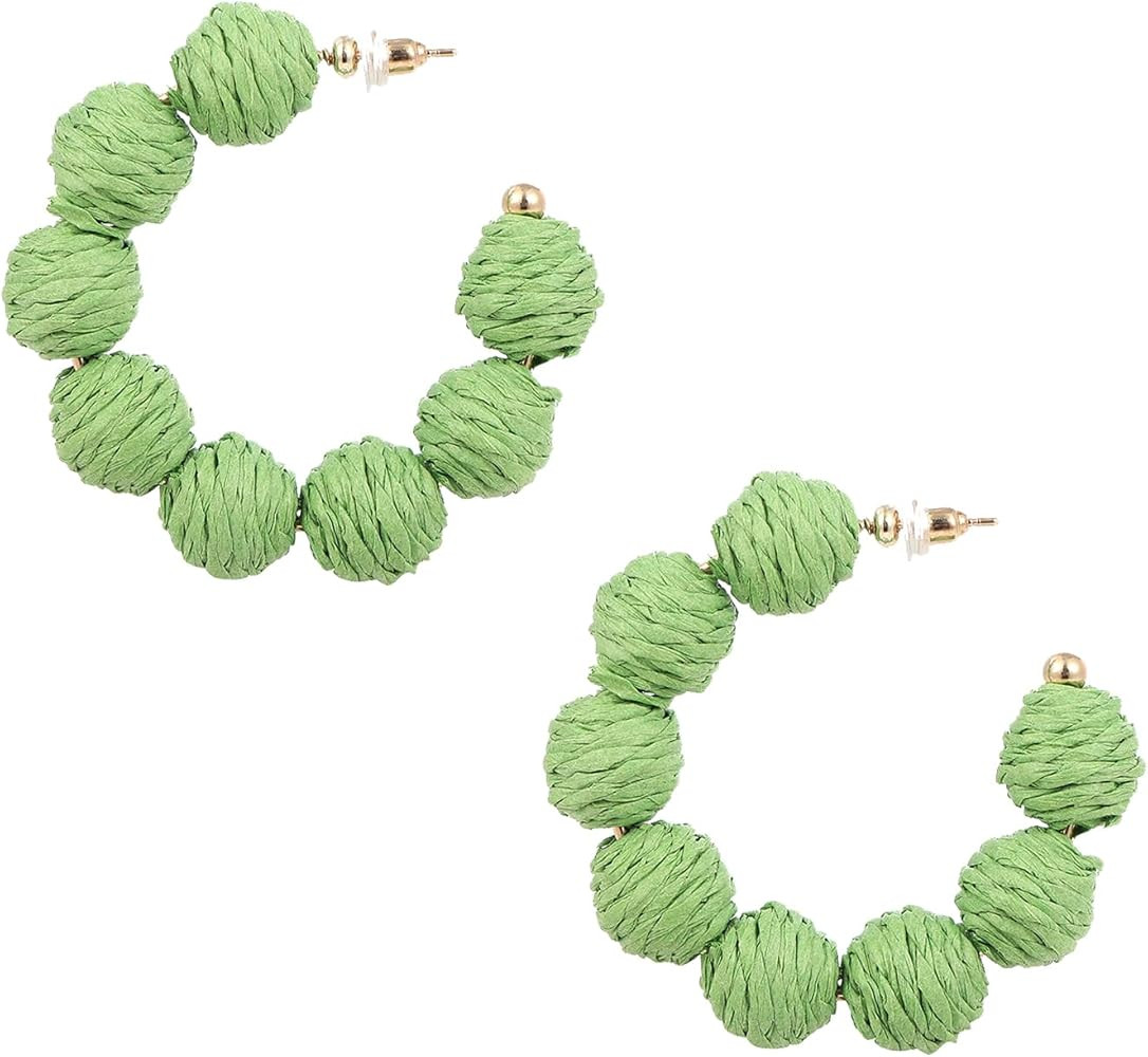 Raffia Hoop Earrings for Women Boho Colorful Rainbow Beaded Earrings Bohemian Statement Rattan Ea... | Amazon (US)