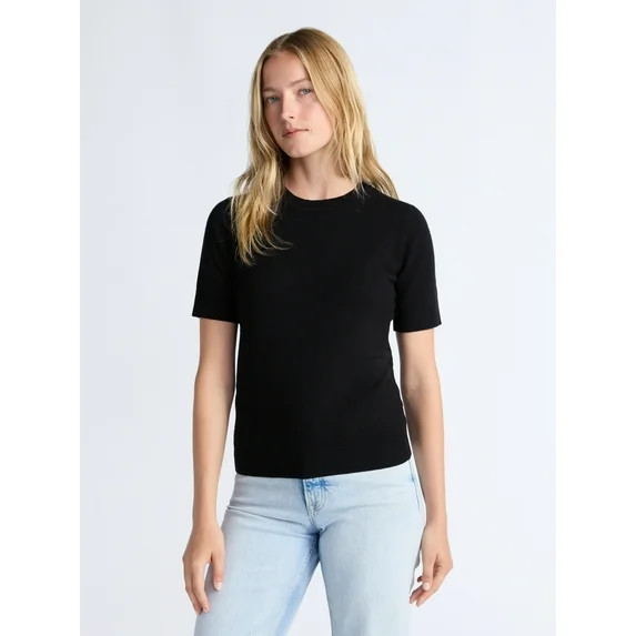 Free Assembly Women's and Women's Plus Cozy Yarn Shrunken Sweater Tee with Short Sleeves, Lightwe... | Walmart (US)