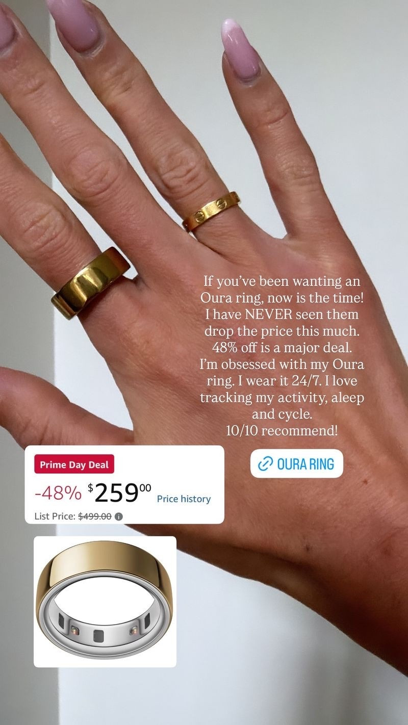 If you’ve been wanting an Oura ring, now is the time! 
I have NEVER seen them drop the price this much. 
48% off is a major deal. 
I’m obsessed with my Oura ring. I wear it 24/7. I love tracking my activity, aleep and cycle. 
10/10 recommend!

#LTKSaleAlert