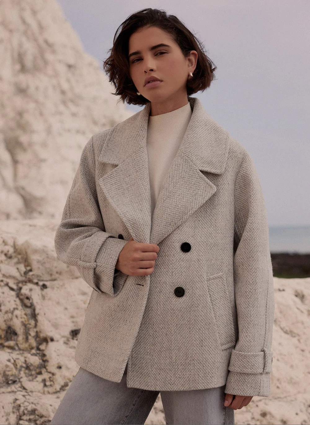 Grey Double Breasted Textured Coat | Mint Velvet