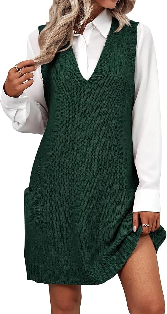 Zeagoo Womens Sweater Vest Dress Pattern Knitted Pullovers Sweaters V Neck Tank Sweater Dress wit... | Amazon (US)