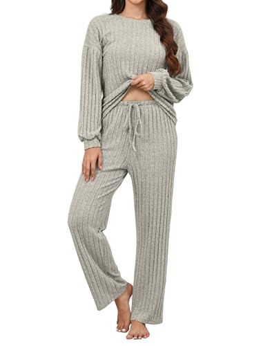 Pajamas for Women Set 2 Piece Lounge Sets Ribbed Knit Long Sleeve Tops Pants Soft Sleep Wear Pj Sets Apricot S | Amazon (US)