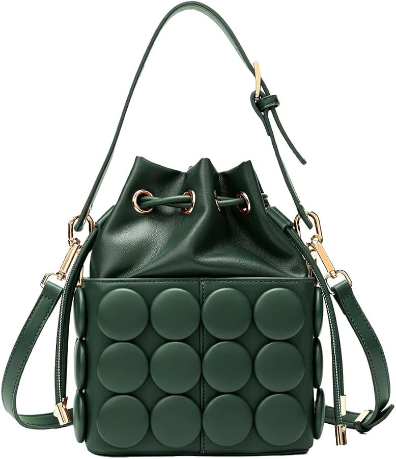 Women's PU Leather Drawstring Top Handle Bucket Bag Purse with Solid Dot Patterns, Crossbody Shou... | Amazon (US)