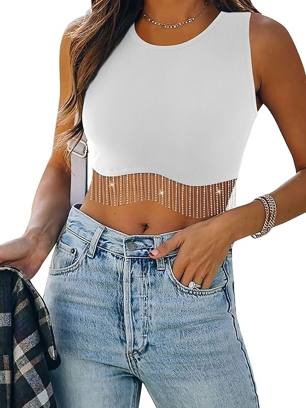 Womens Nashville Sparkly Rhinestone Fringe Sleeveless Crop Tops Y2K Raceback Ribbed Cropped Tank ... | Amazon (US)