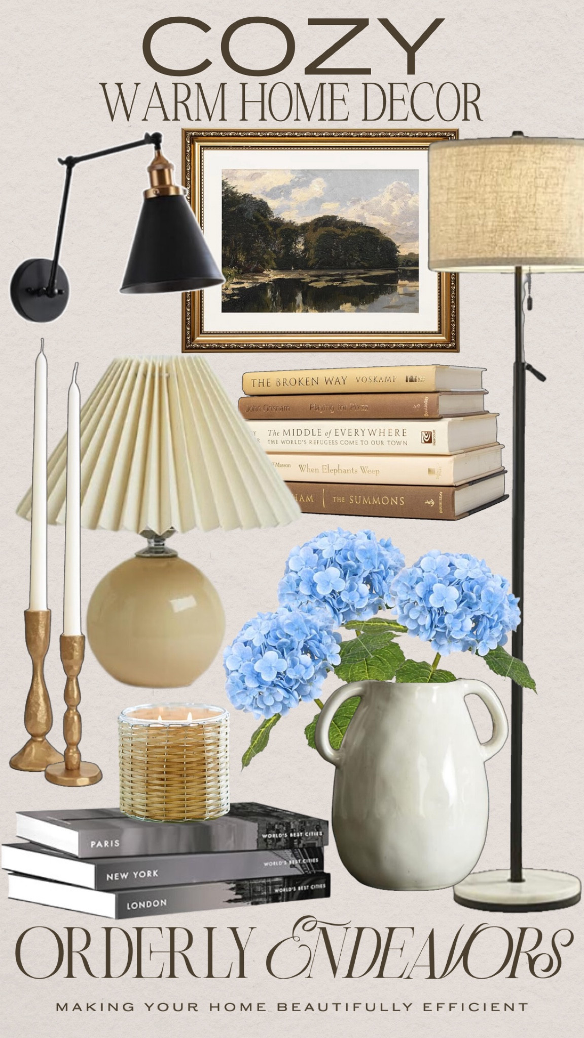Cozy home accents include floor lamp, books, vase, faux hydrangeas, table lamp, candle stick holders, candle, wall art, sconce.

Home decor, home accents, cozy home, warm home decor

#LTKFindsUnder100 #LTKStyleTip #LTKHome