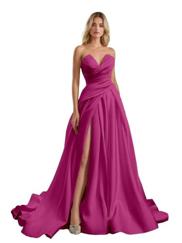 V Neck Prom Dress with Split 2026 A Line Pleated Satin Ball Gown for Women Strapless Formal Evening Gowns with Trailing Tail Fuchsia | Amazon (US)
