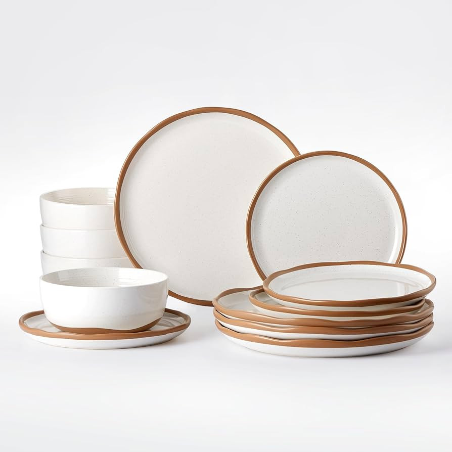 Lareina Plates and Bowls Set, 12 Pieces Ceramic Dinnerware Sets, Dishwasher Microwave Safe, Vanil... | Amazon (US)