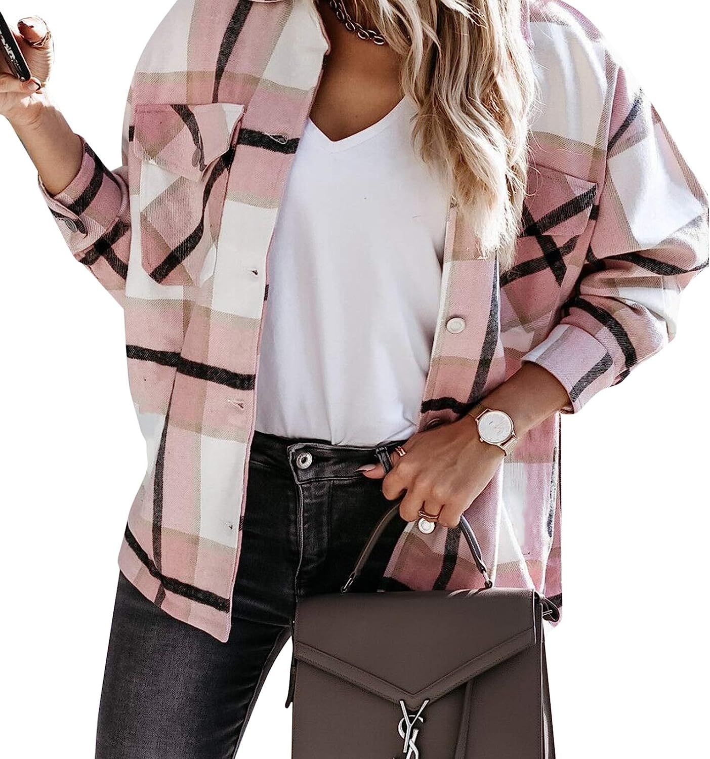 Fashion Women's Casual Wool Blend Lapel Plaid Long Sleeve Button Down Shacket Shirts Jacket Coat | Amazon (US)