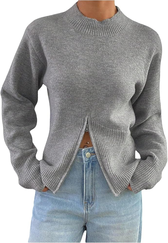 WDIRARA Women's Mock Neck Long Sleeve Sweaters Zipper Front Knit Tops Pullover Knitwear | Amazon (US)