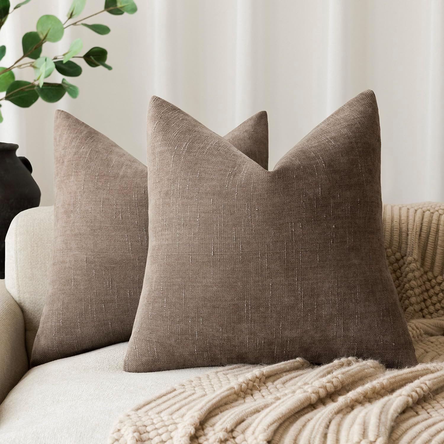 Foindtower Solid Textured Chenille Throw Pillow Covers 20x20 Inch,Taupe | Amazon (US)