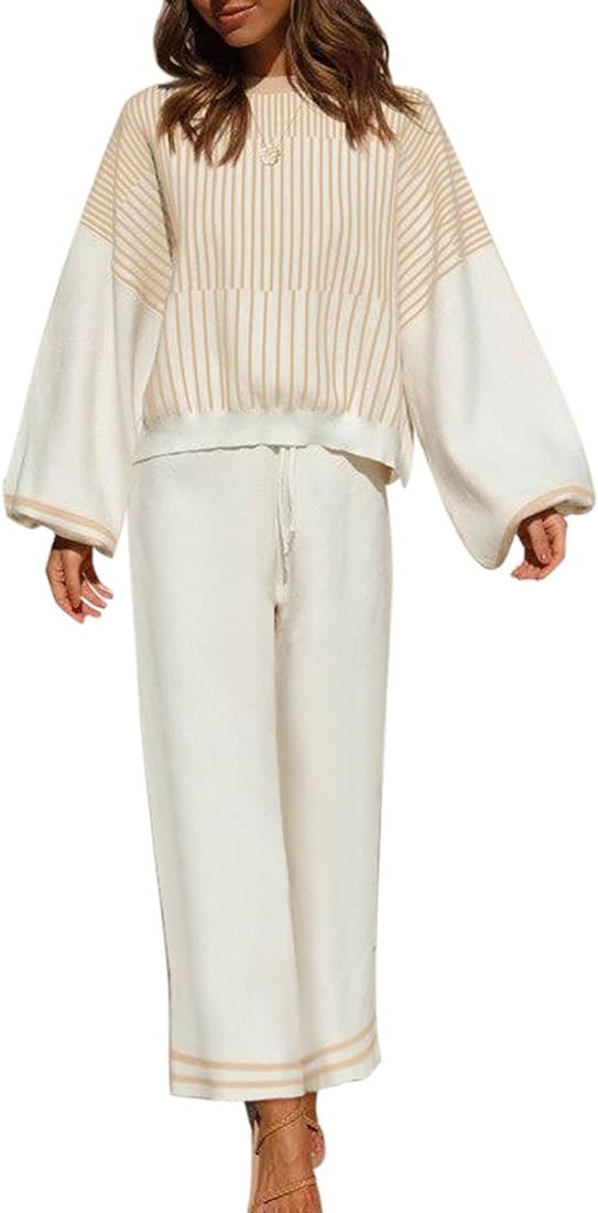 2 Piece Outfits for Women Casual Striped Knit Lounge Sets Fall Long Sleeve Sweater Tops Wide Leg ... | Amazon (US)
