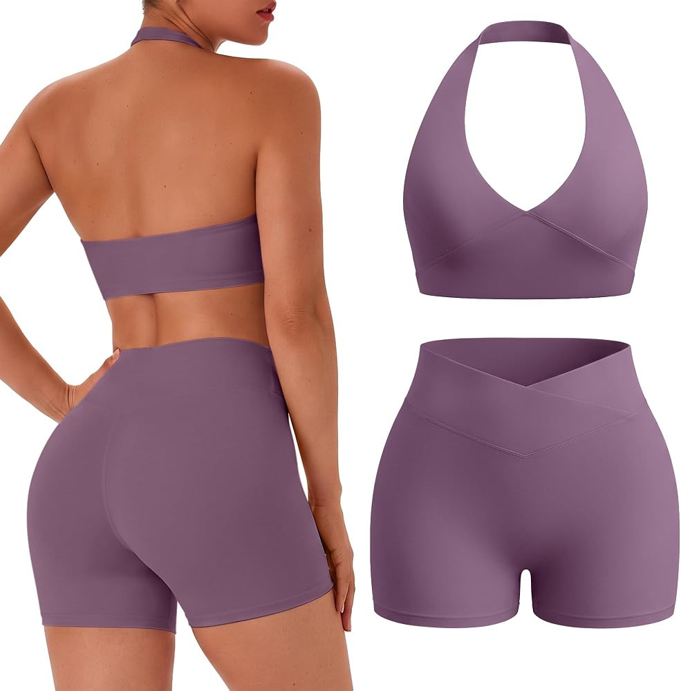 TDIFFUN Women Workout Sets 2 Piece Halter Sports Bra Crossover Booty Shorts | Amazon (US)