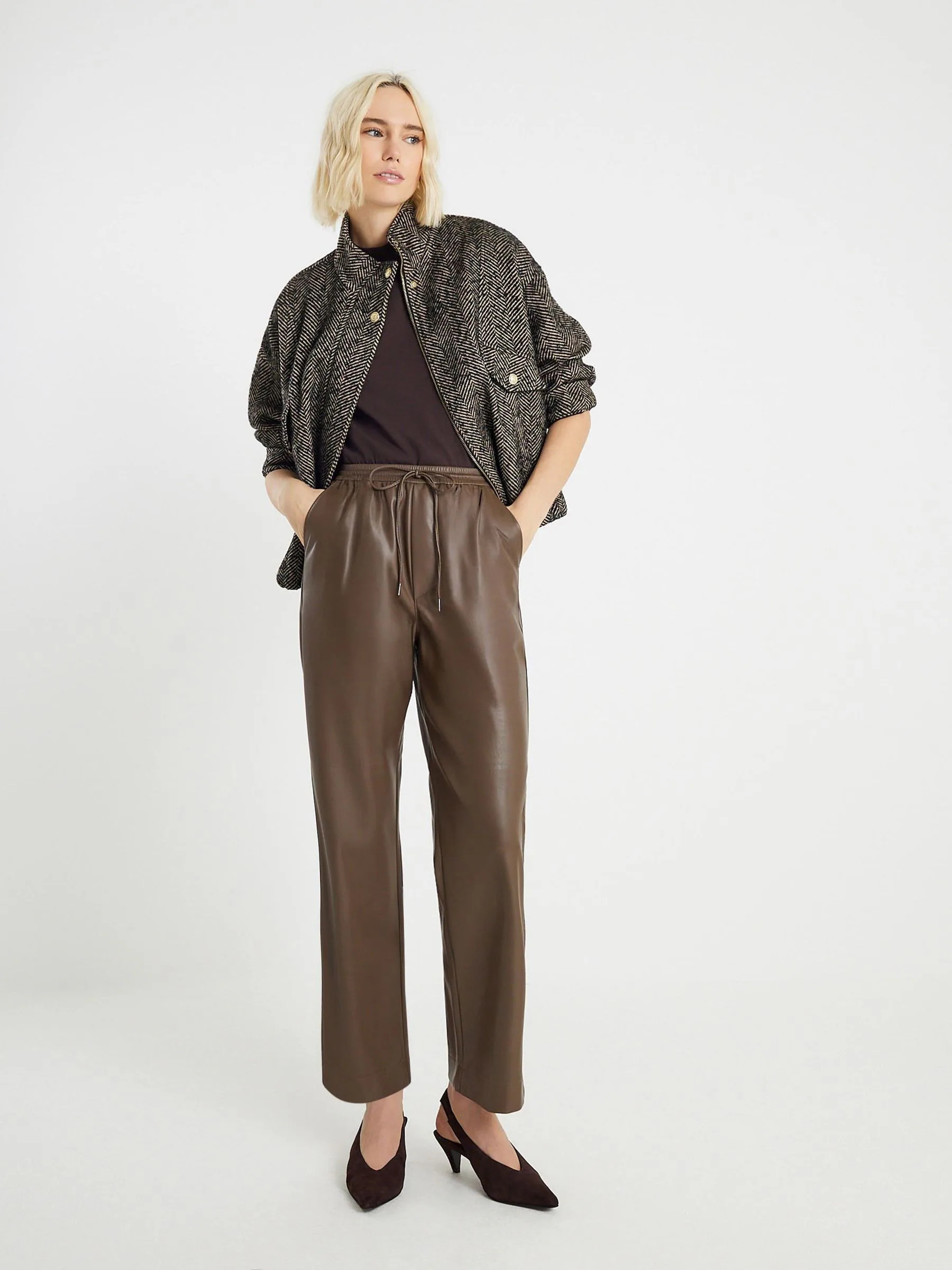 River Island River Island Brown Faux Leather Elasticated Waist Trousers | Next US