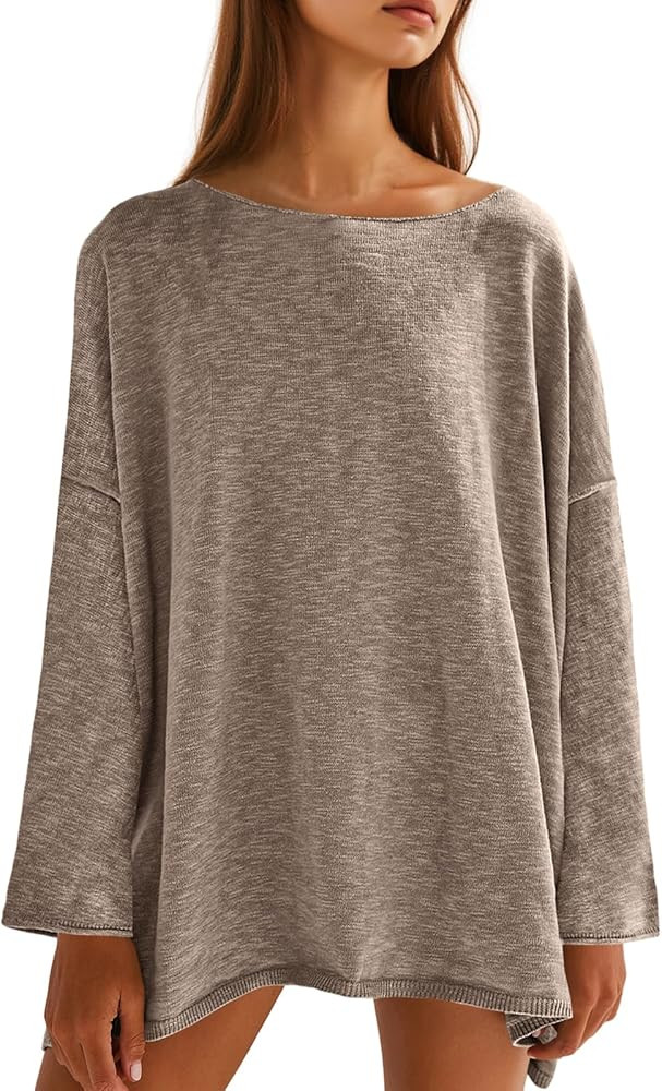 Tankaneo Womens Long Sleeve Shirts Oversized Lightweight Sweaters Crewneck Side Slit Hem Casual B... | Amazon (US)