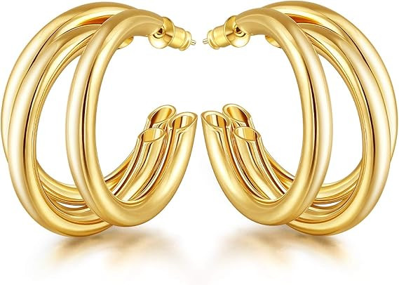 EASYSO Gold Hoop Earrings for Women, Chunky Triple Hoops Lightweight Big Thick Three Open Hoop Hy... | Amazon (US)