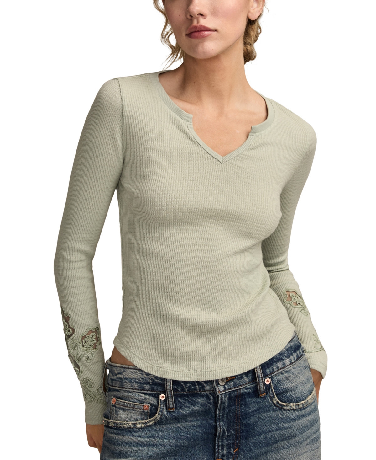 Lucky Brand Women's Cutwork Notch Neck Top - Aqua Gray | Macy's